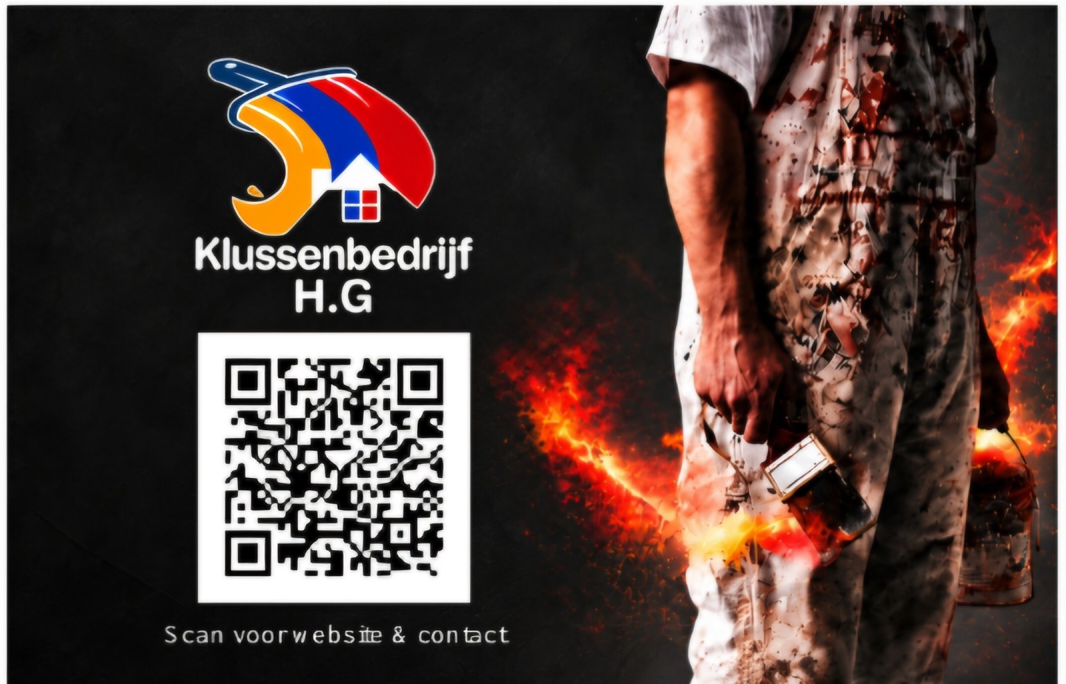 Achterkant van het visitekaartje van Klussenbedrijf H.G., met het bedrijfslogo en een QR-code voor website en contact
