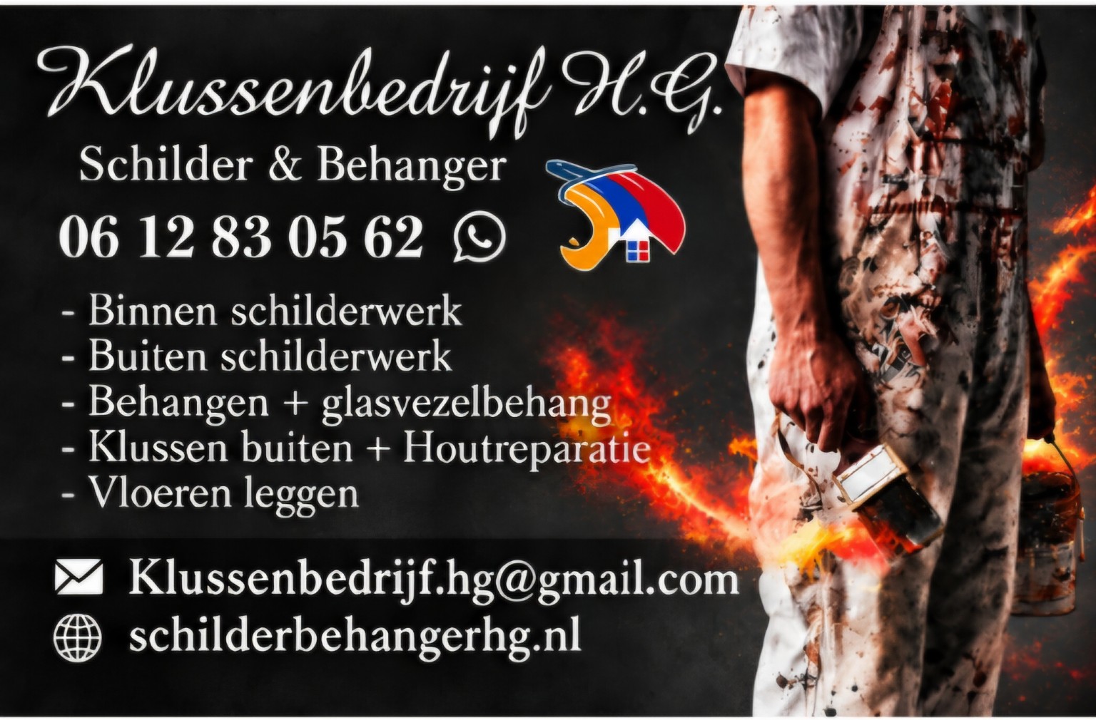 Voorkant van het visitekaartje van Klussenbedrijf H.G., met schilder- en behangwerk, telefoonnummer, e-mail en website